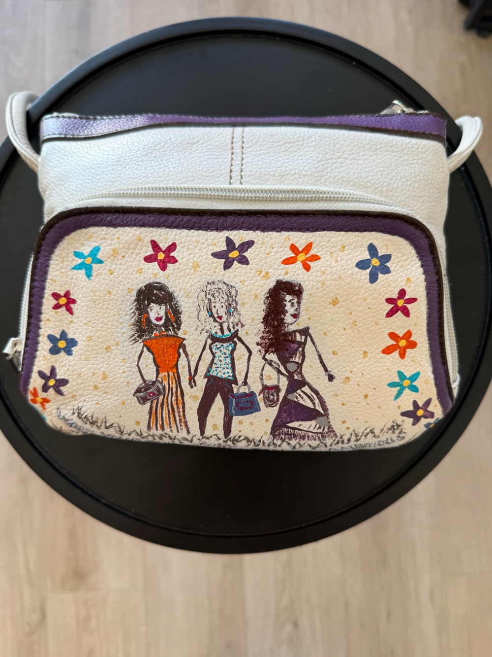 Colorful Hand Painted Tignanello White Pebbled Leather Crossbody Organizer
